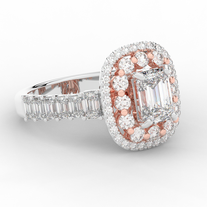 4.70CT.TW EMERALD CUT LAB DIAMOND DOUBLE HALO TWO TONE ENGAGEMENT RING - Nazarelle