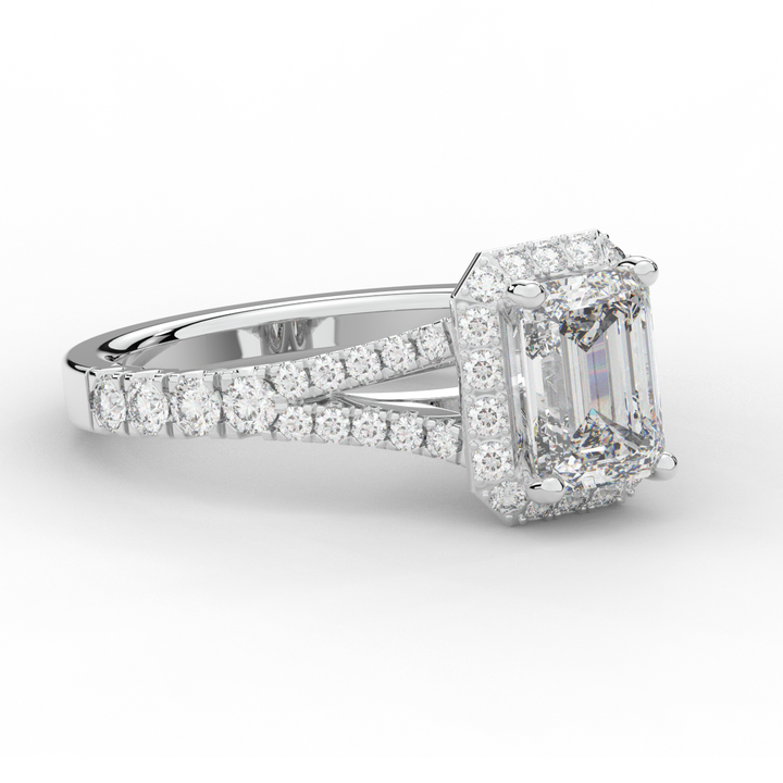 2.60CT.TW EMERALD CUT LAB DIAMOND SPLIT SHANK HALO ENGAGEMENT RING - Nazarelle