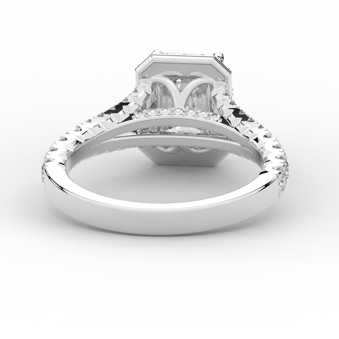 2.60CT.TW EMERALD CUT LAB DIAMOND SPLIT SHANK HALO ENGAGEMENT RING - Nazarelle