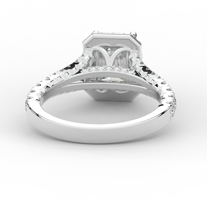 2.60CT.TW EMERALD CUT LAB DIAMOND SPLIT SHANK HALO ENGAGEMENT RING - Nazarelle
