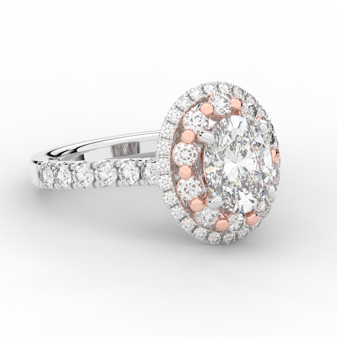 3.30CT.TW OVAL LAB DIAMOND DOUBLE HALO TWO TONE ENGAGEMENT RING - Nazarelle