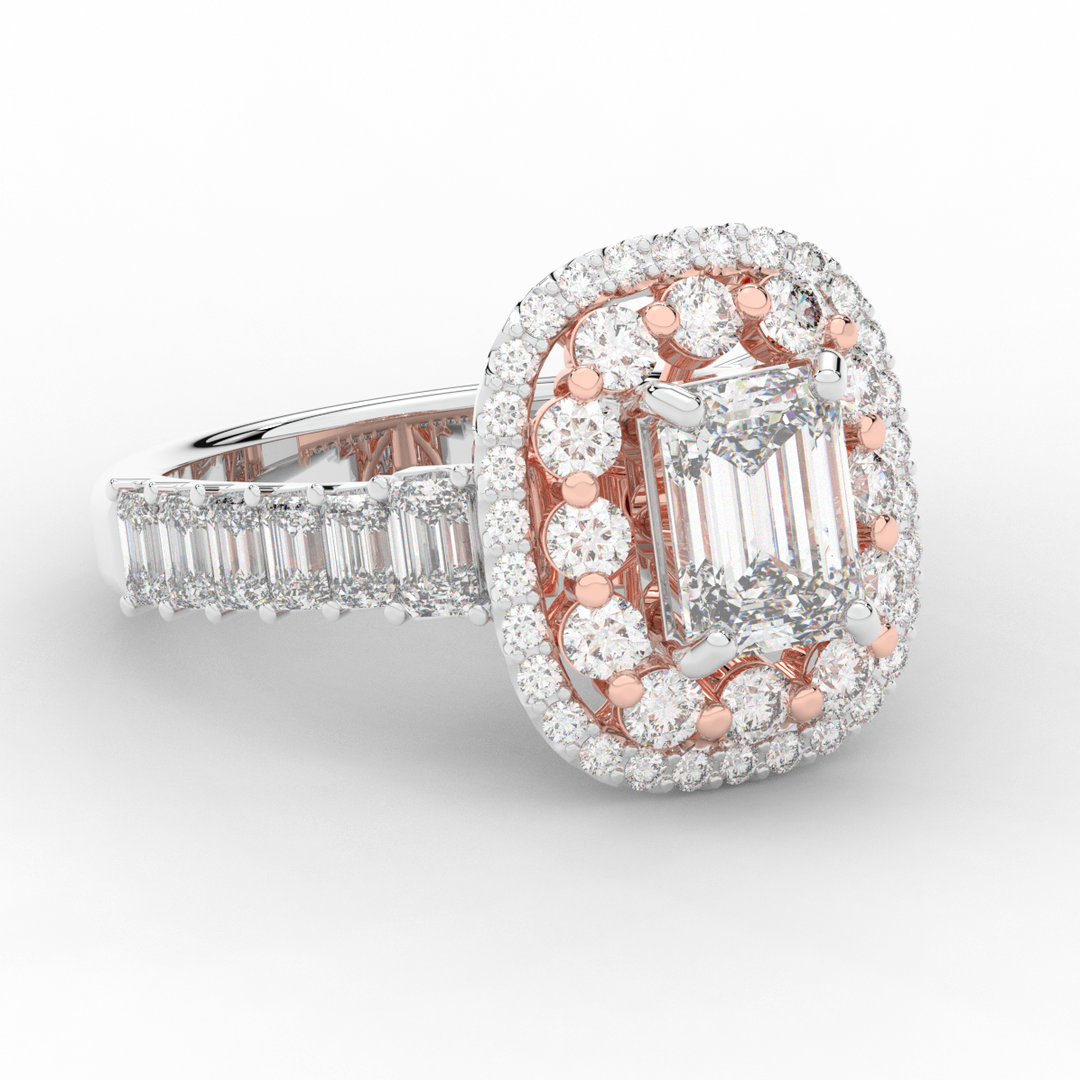 4.70CT.TW EMERALD CUT LAB DIAMOND DOUBLE HALO TWO TONE ENGAGEMENT RING - Nazarelle