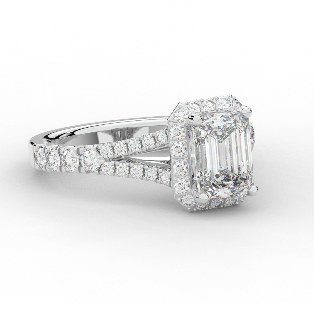 2.60CT.TW EMERALD CUT LAB DIAMOND SPLIT SHANK HALO ENGAGEMENT RING - Nazarelle