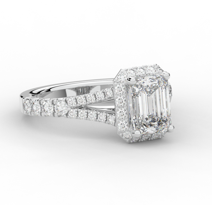 2.60CT.TW EMERALD CUT LAB DIAMOND SPLIT SHANK HALO ENGAGEMENT RING - Nazarelle