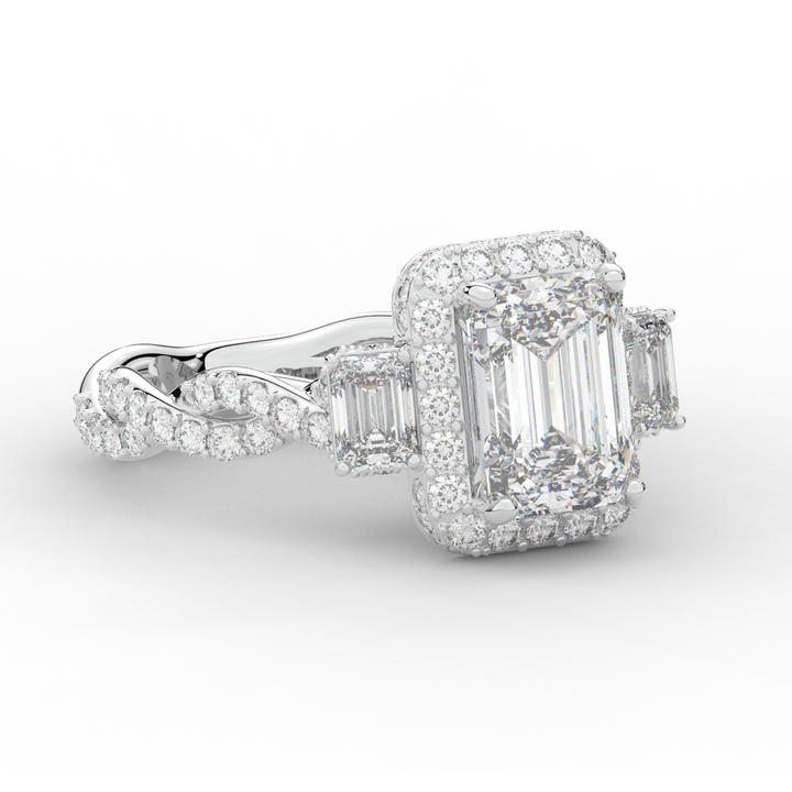 4.70CT.TW EMERALD CUT LAB DIAMOND 3 STONE ENGAGEMENT RING - Nazarelle