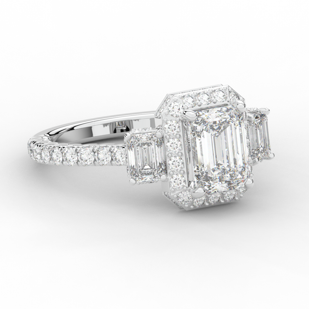 3.20CT.TW EMERALD CUT LAB DIAMOND 3 STONE ENGAGEMENT RING - Nazarelle