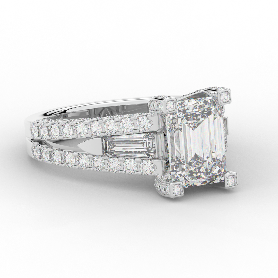 4.60CT.TW EMERALD CUT LAB DIAMOND SPLIT SHANK ENGAGEMENT RING - Nazarelle