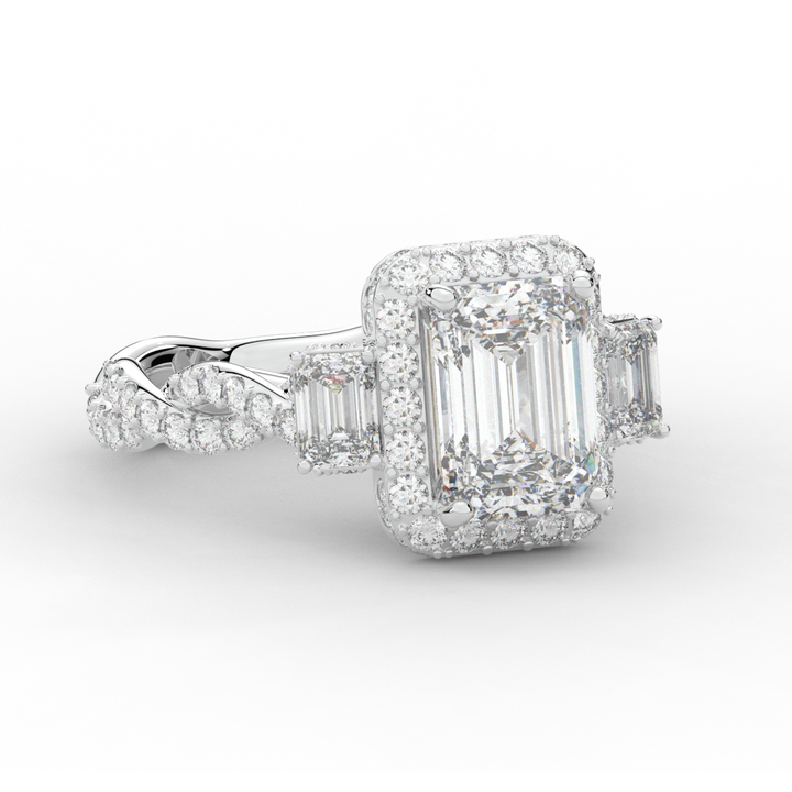 4.70CT.TW EMERALD CUT LAB DIAMOND 3 STONE ENGAGEMENT RING - Nazarelle