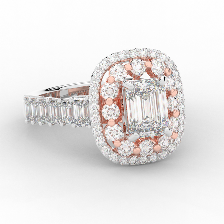 4.70CT.TW EMERALD CUT LAB DIAMOND DOUBLE HALO TWO TONE ENGAGEMENT RING - Nazarelle