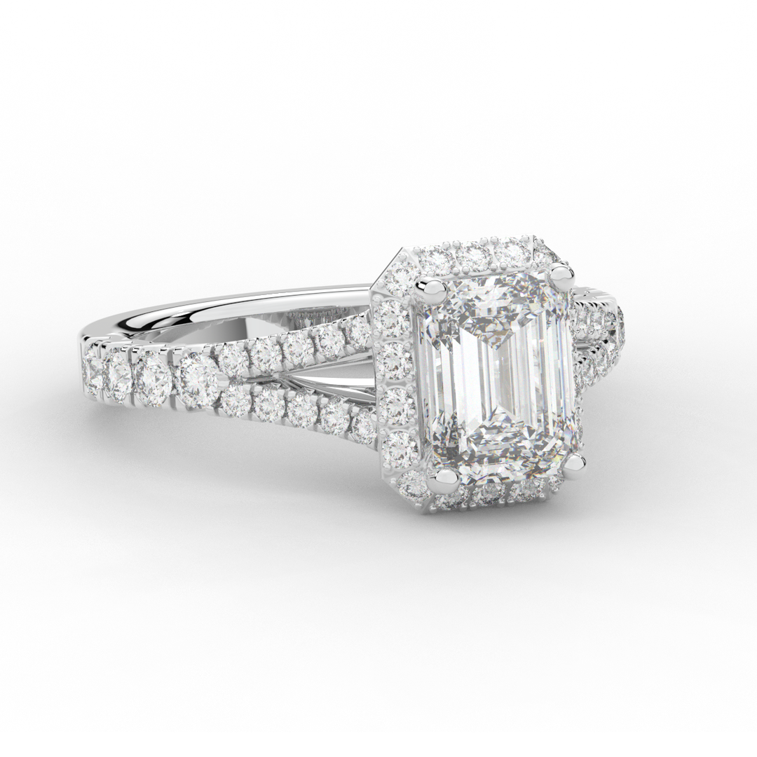 2.60CT.TW EMERALD CUT LAB DIAMOND SPLIT SHANK HALO ENGAGEMENT RING - Nazarelle