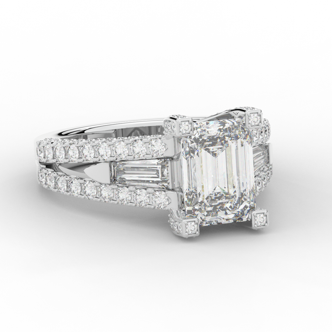 4.60CT.TW EMERALD CUT LAB DIAMOND SPLIT SHANK ENGAGEMENT RING - Nazarelle