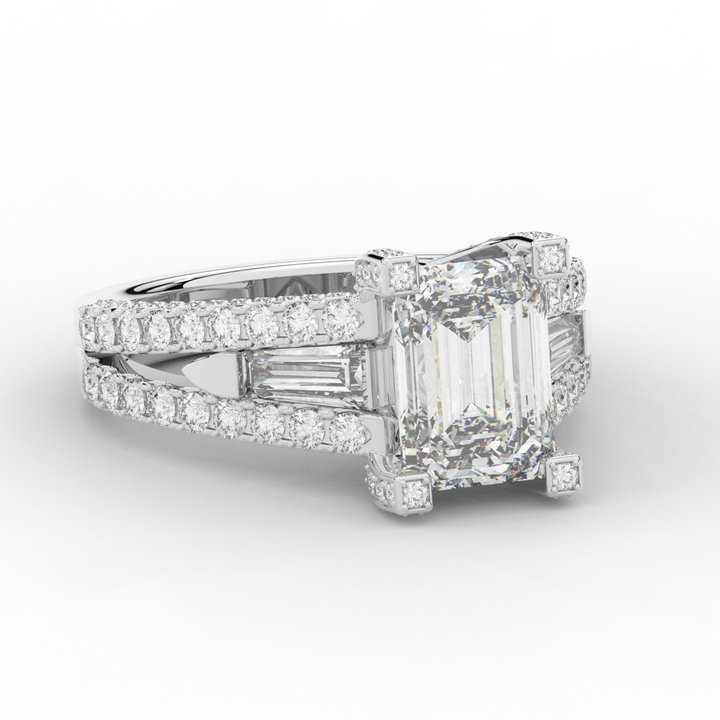 4.60CT.TW EMERALD CUT LAB DIAMOND SPLIT SHANK ENGAGEMENT RING - Nazarelle