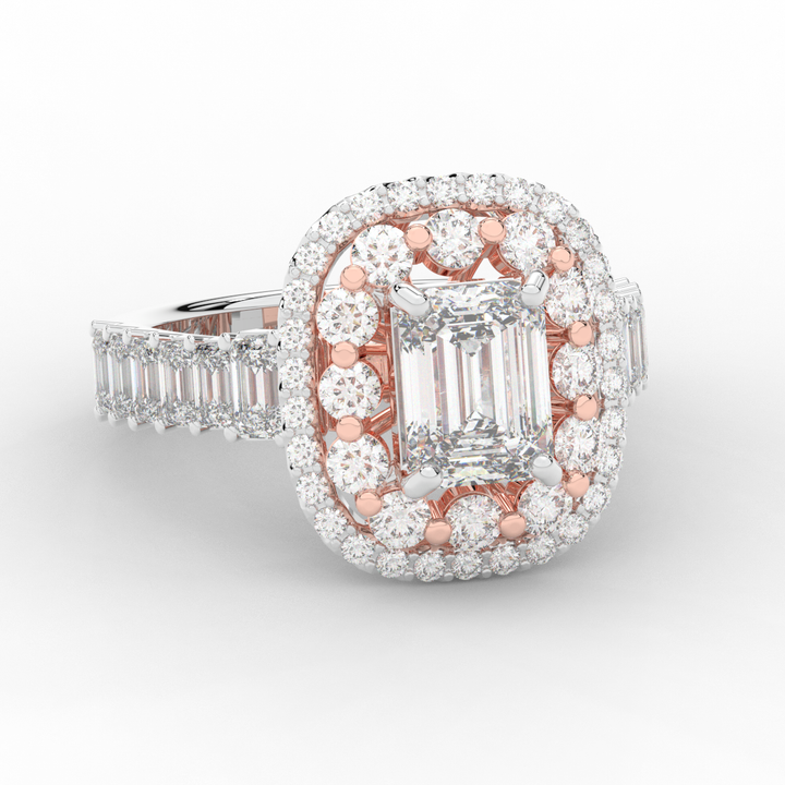 4.70CT.TW EMERALD CUT LAB DIAMOND DOUBLE HALO TWO TONE ENGAGEMENT RING - Nazarelle