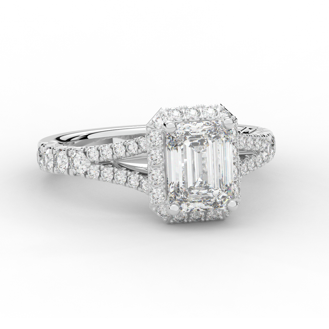 2.60CT.TW EMERALD CUT LAB DIAMOND SPLIT SHANK HALO ENGAGEMENT RING - Nazarelle