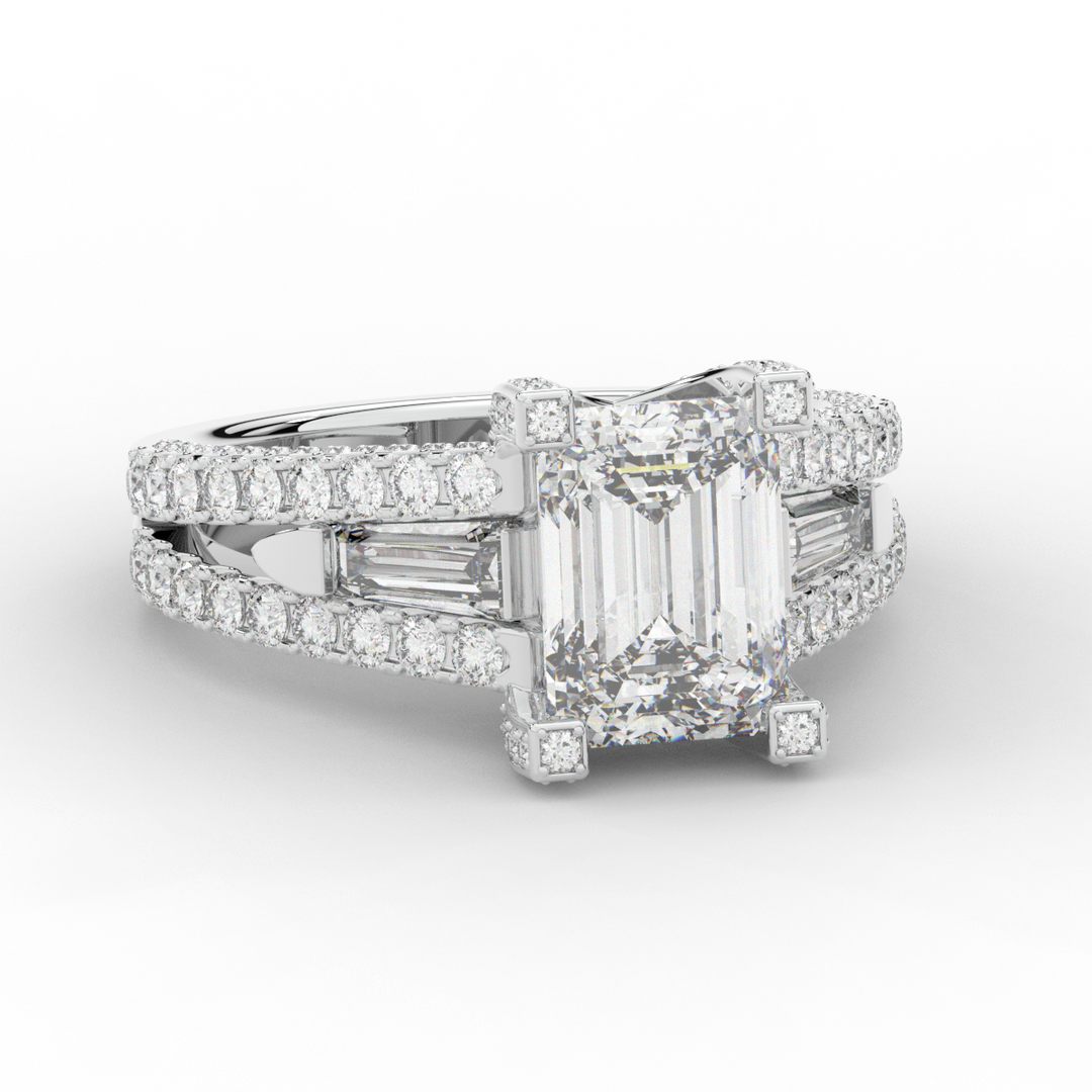 4.60CT.TW EMERALD CUT LAB DIAMOND SPLIT SHANK ENGAGEMENT RING - Nazarelle