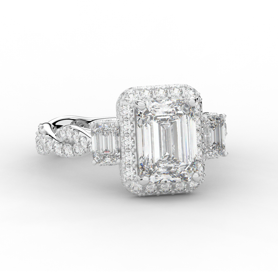 4.70CT.TW EMERALD CUT LAB DIAMOND 3 STONE ENGAGEMENT RING - Nazarelle
