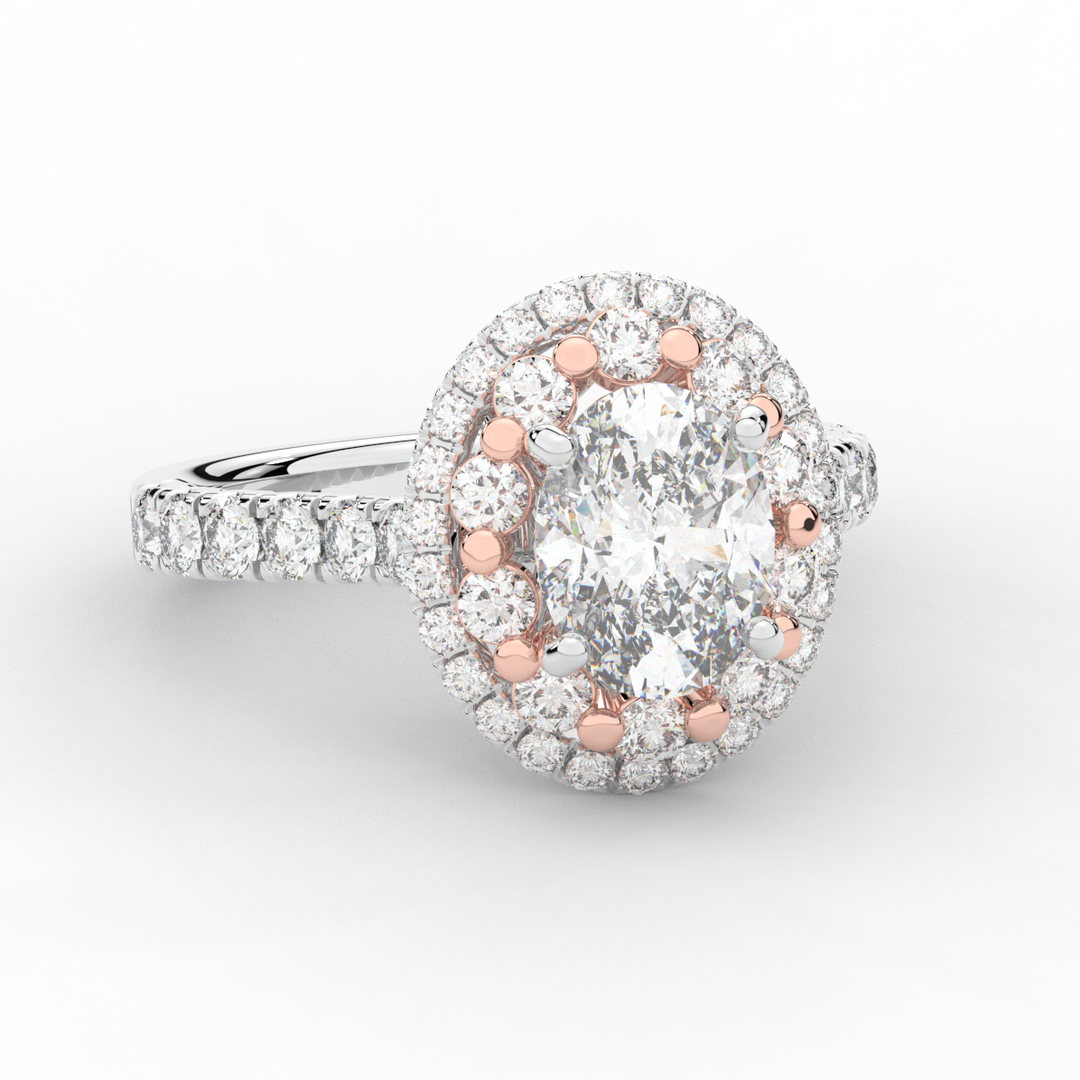 3.30CT.TW OVAL LAB DIAMOND DOUBLE HALO TWO TONE ENGAGEMENT RING - Nazarelle