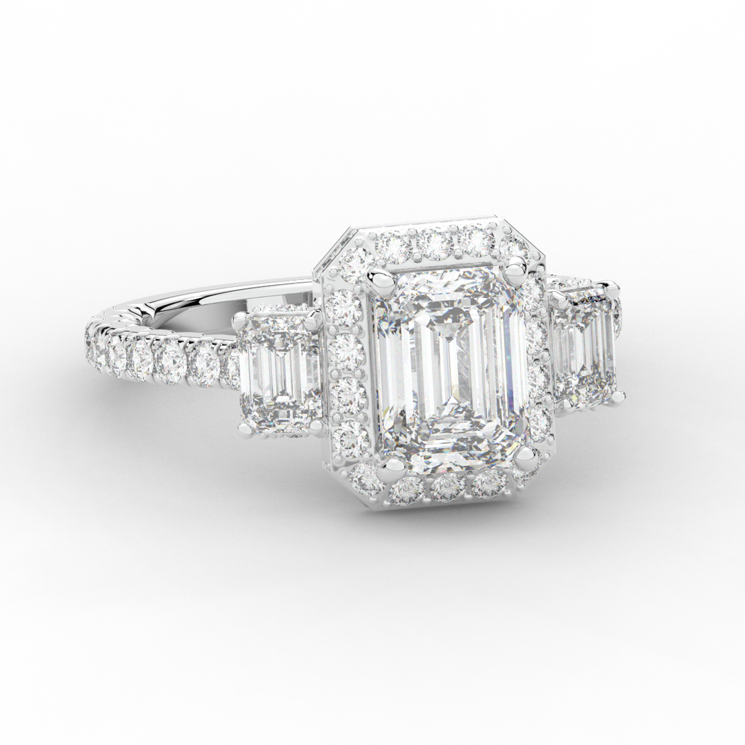 3.20CT.TW EMERALD CUT LAB DIAMOND 3 STONE ENGAGEMENT RING - Nazarelle