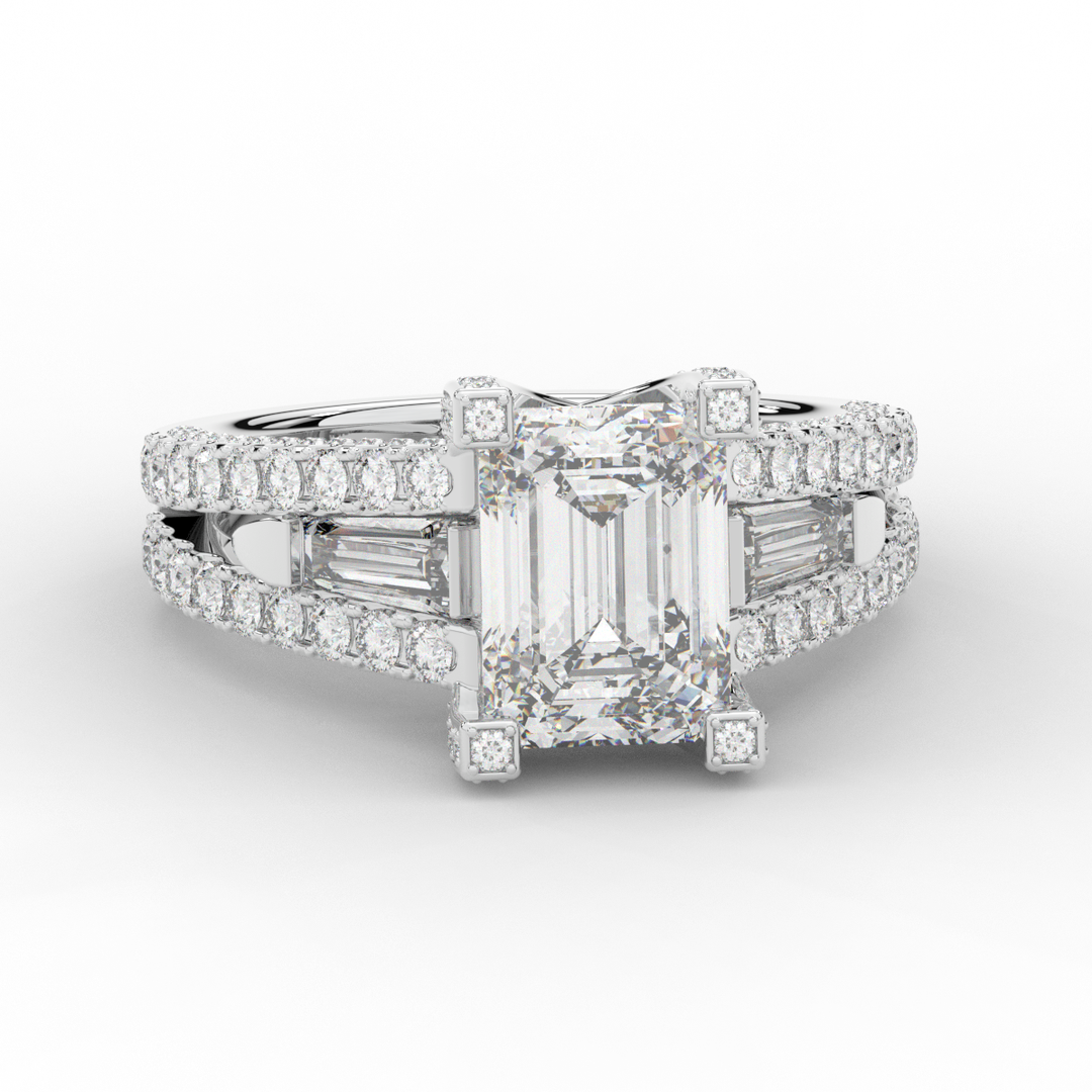4.60CT.TW EMERALD CUT LAB DIAMOND SPLIT SHANK ENGAGEMENT RING - Nazarelle