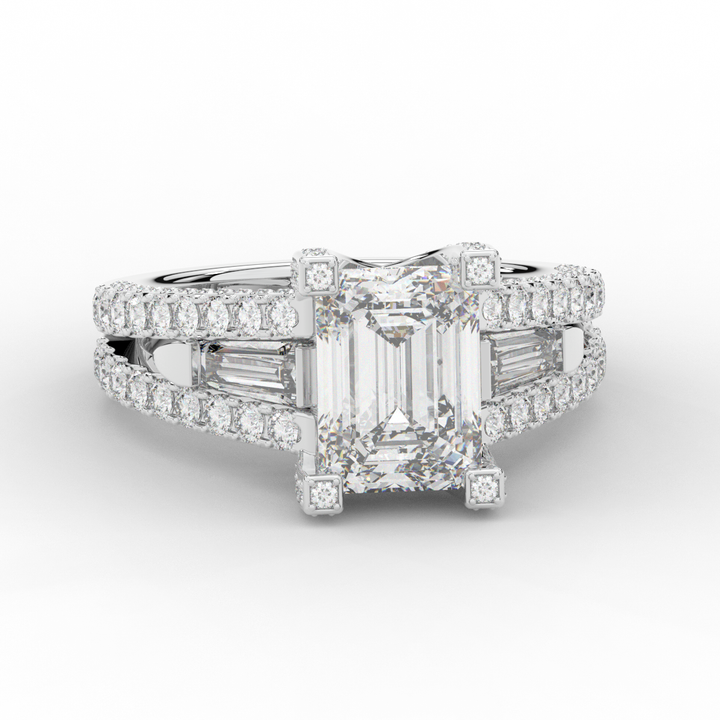 4.60CT.TW EMERALD CUT LAB DIAMOND SPLIT SHANK ENGAGEMENT RING - Nazarelle