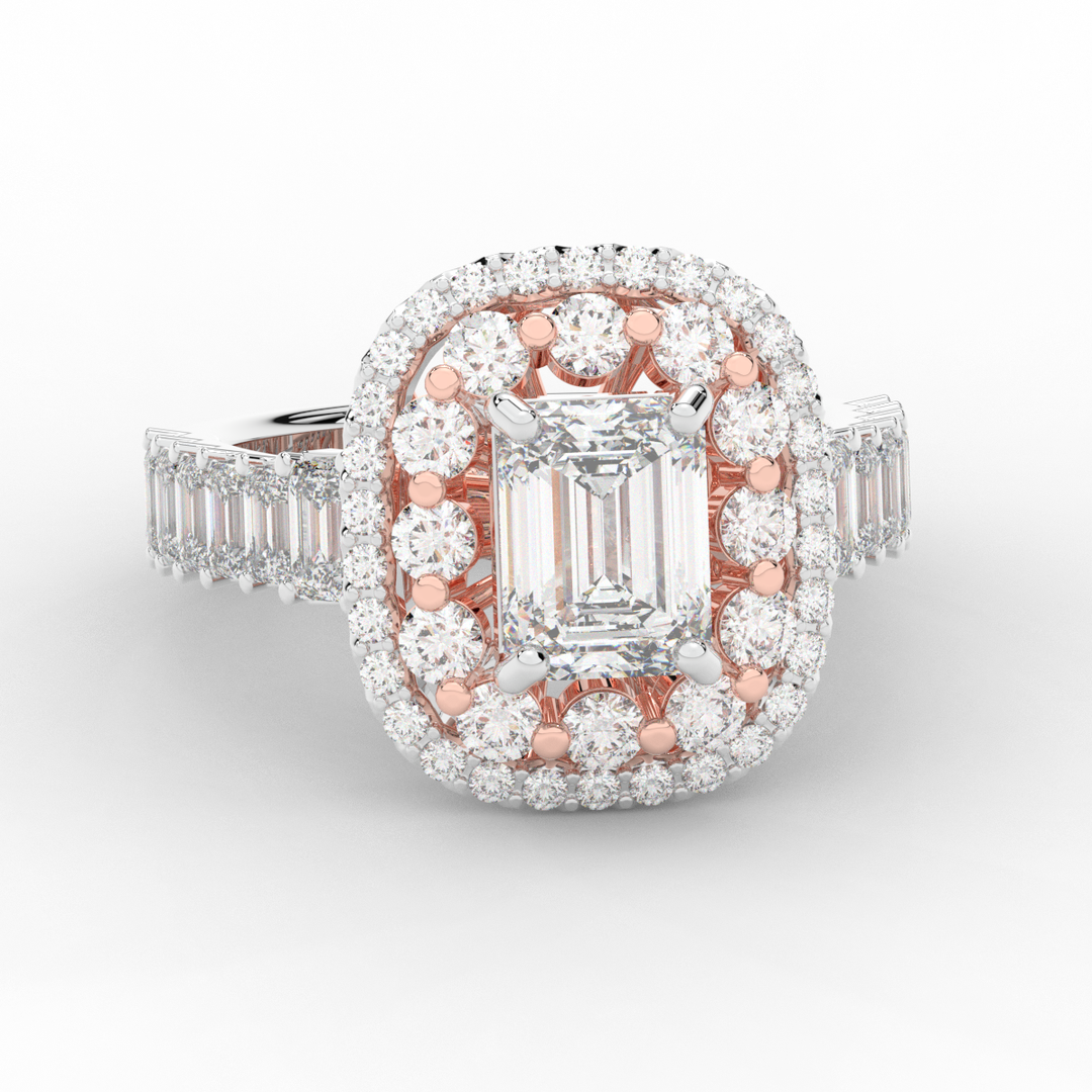 4.70CT.TW EMERALD CUT LAB DIAMOND DOUBLE HALO TWO TONE ENGAGEMENT RING - Nazarelle