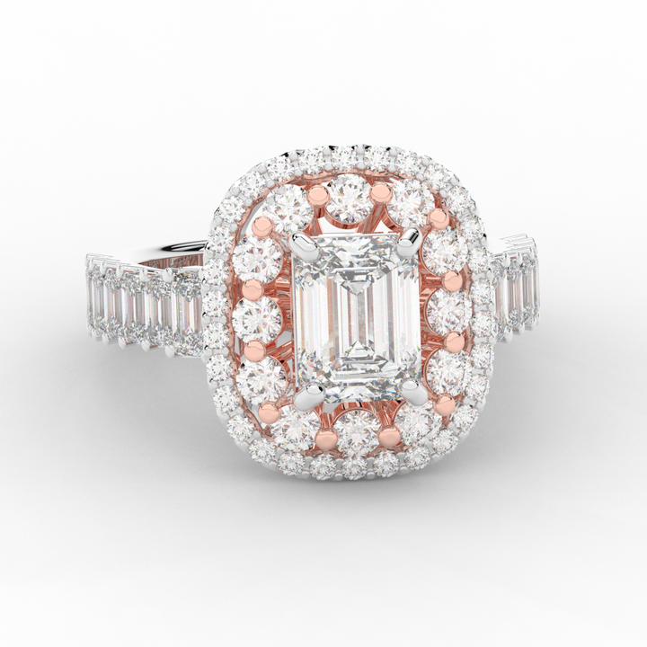4.70CT.TW EMERALD CUT LAB DIAMOND DOUBLE HALO TWO TONE ENGAGEMENT RING - Nazarelle