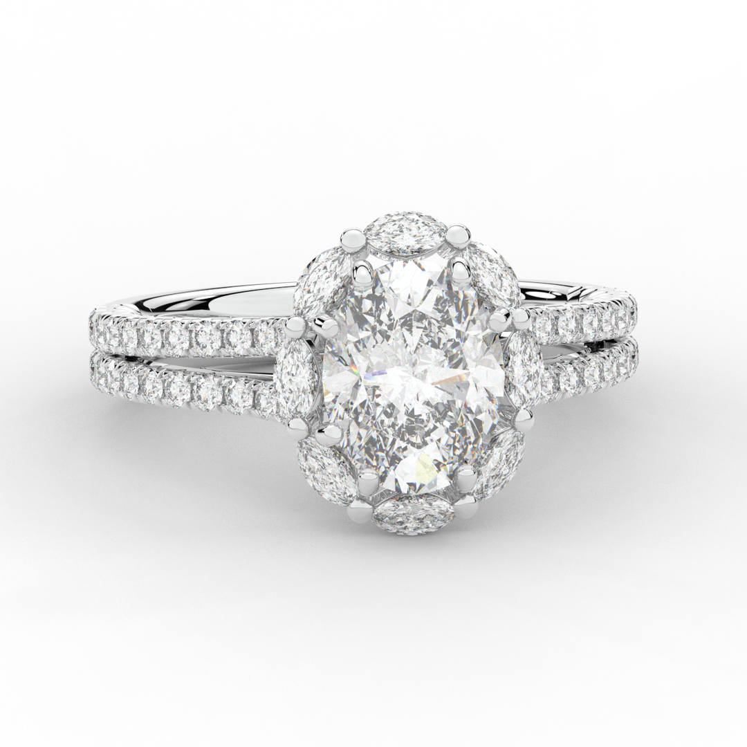 2.30CT.TW OVAL LAB DIAMOND HALO SPLIT SHANK ENGAGEMENT RING - Nazarelle