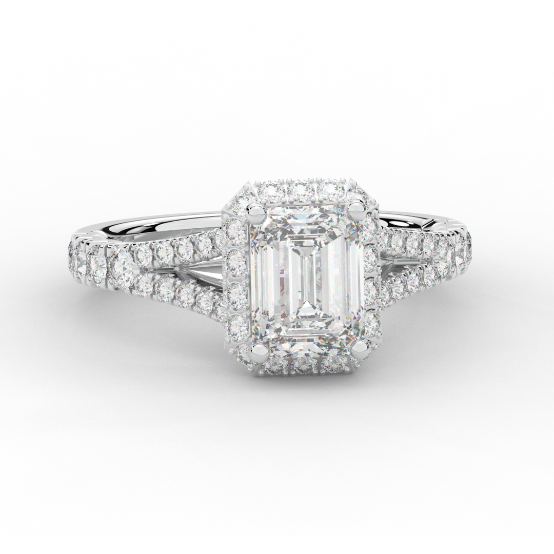 2.60CT.TW EMERALD CUT LAB DIAMOND SPLIT SHANK HALO ENGAGEMENT RING - Nazarelle