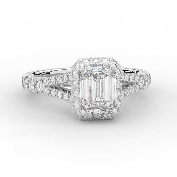 2.60CT.TW EMERALD CUT LAB DIAMOND SPLIT SHANK HALO ENGAGEMENT RING - Nazarelle