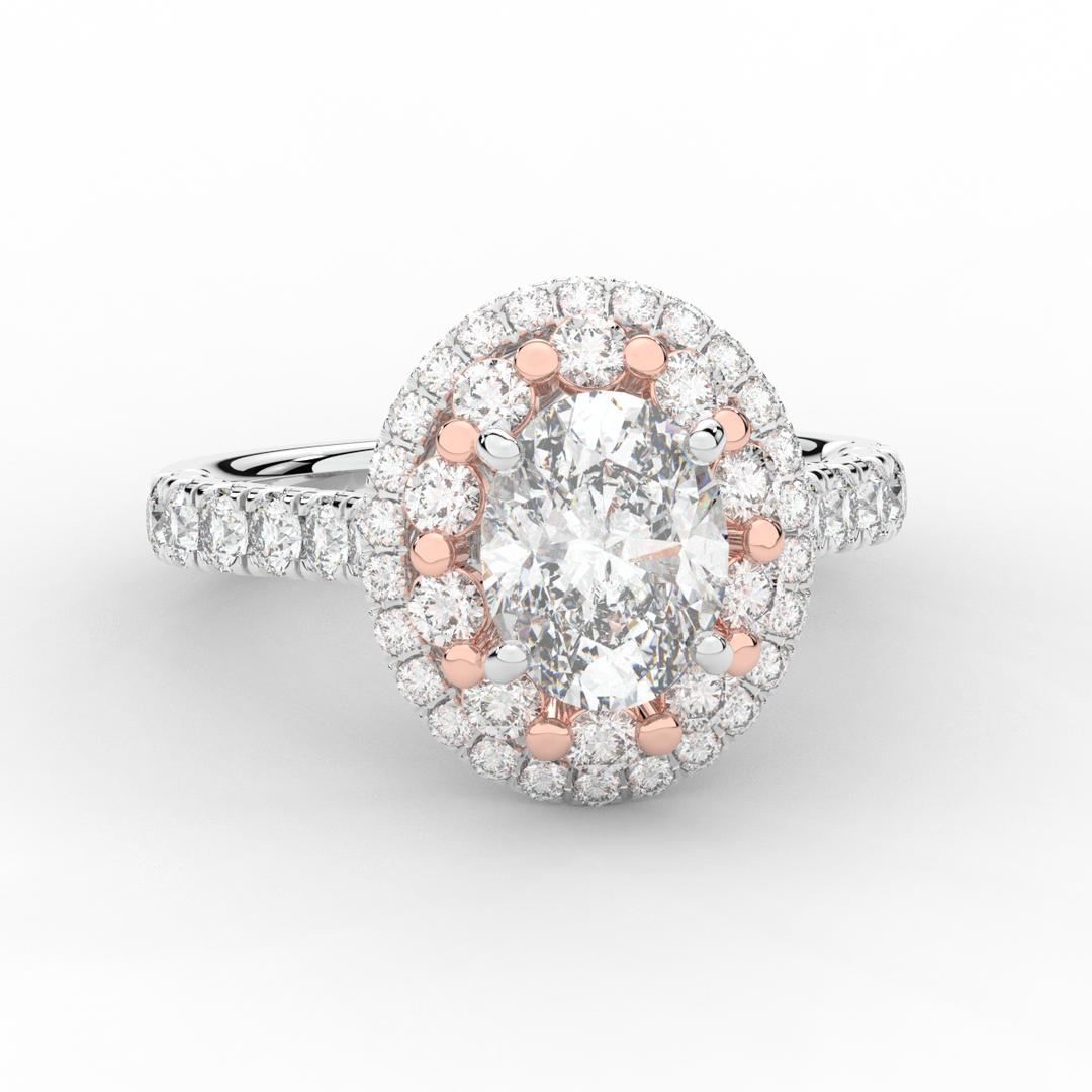 3.30CT.TW OVAL LAB DIAMOND DOUBLE HALO TWO TONE ENGAGEMENT RING - Nazarelle