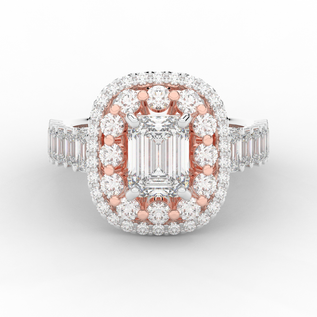 4.70CT.TW EMERALD CUT LAB DIAMOND DOUBLE HALO TWO TONE ENGAGEMENT RING - Nazarelle