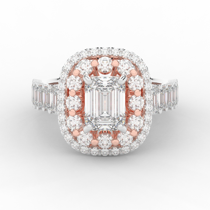 4.70CT.TW EMERALD CUT LAB DIAMOND DOUBLE HALO TWO TONE ENGAGEMENT RING - Nazarelle