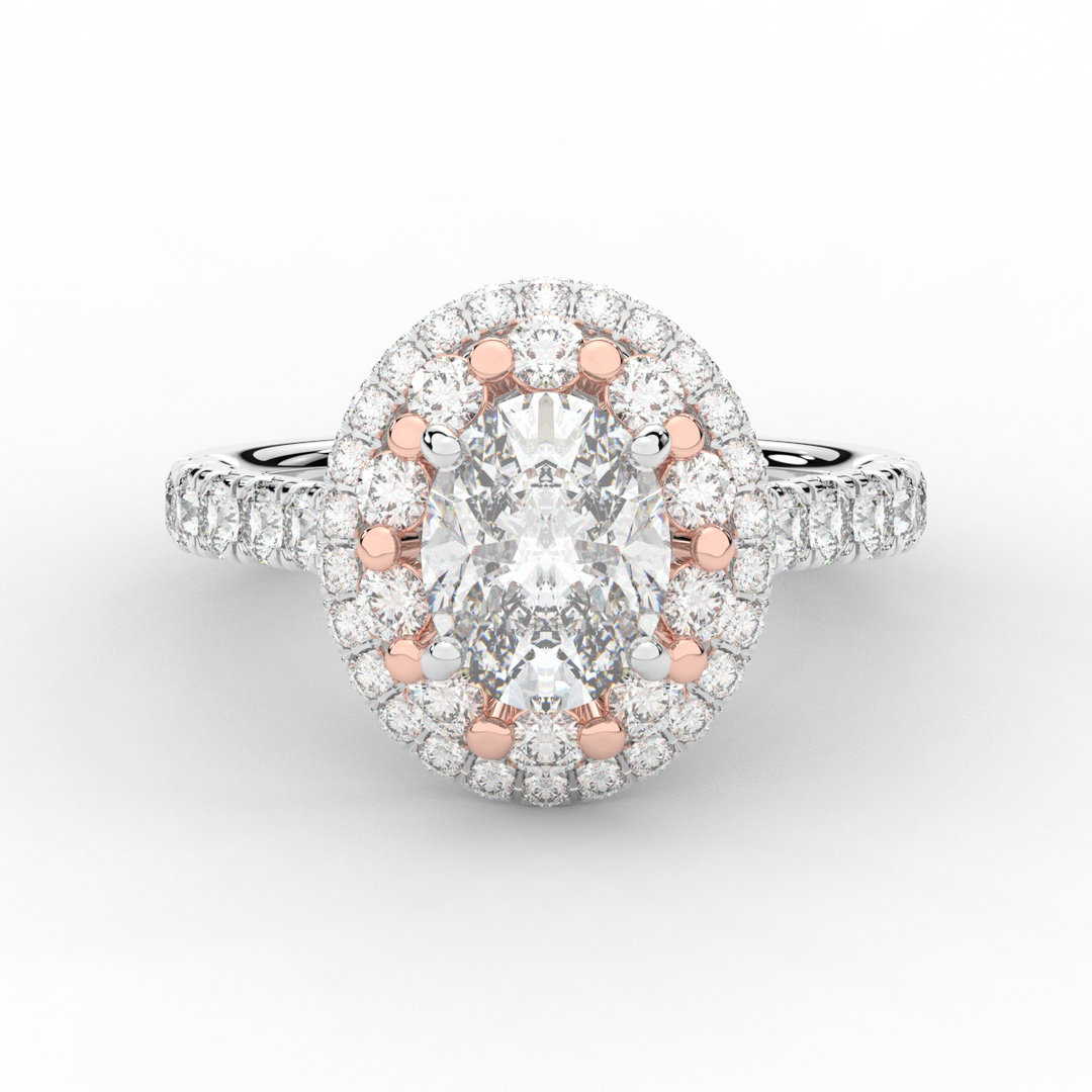 3.30CT.TW OVAL LAB DIAMOND DOUBLE HALO TWO TONE ENGAGEMENT RING - Nazarelle