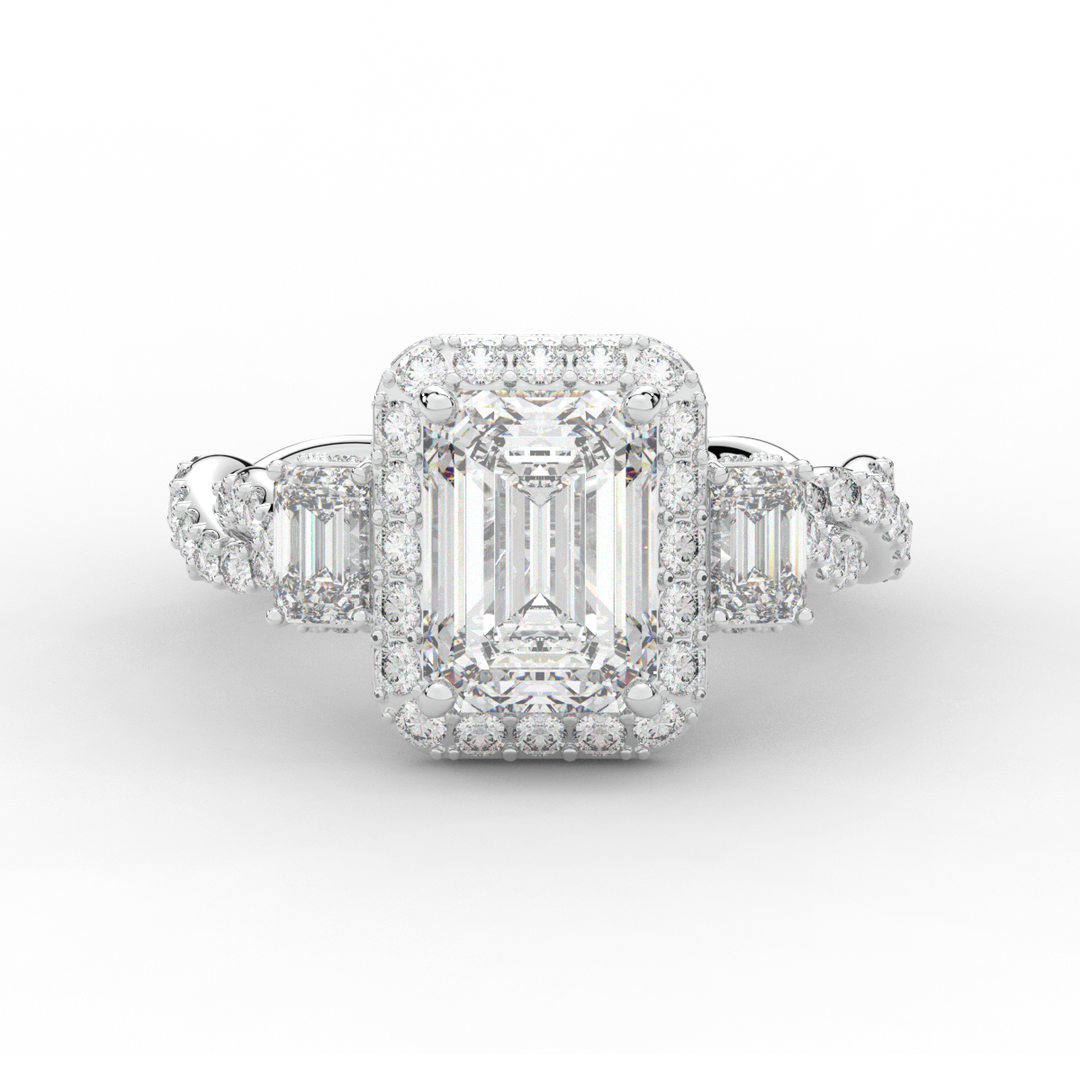 4.70CT.TW EMERALD CUT LAB DIAMOND 3 STONE ENGAGEMENT RING - Nazarelle