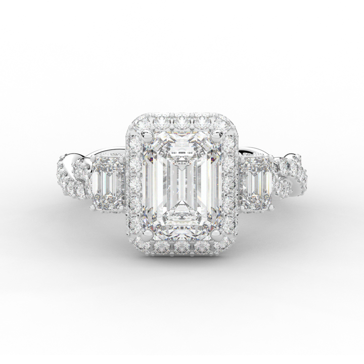 4.70CT.TW EMERALD CUT LAB DIAMOND 3 STONE ENGAGEMENT RING - Nazarelle