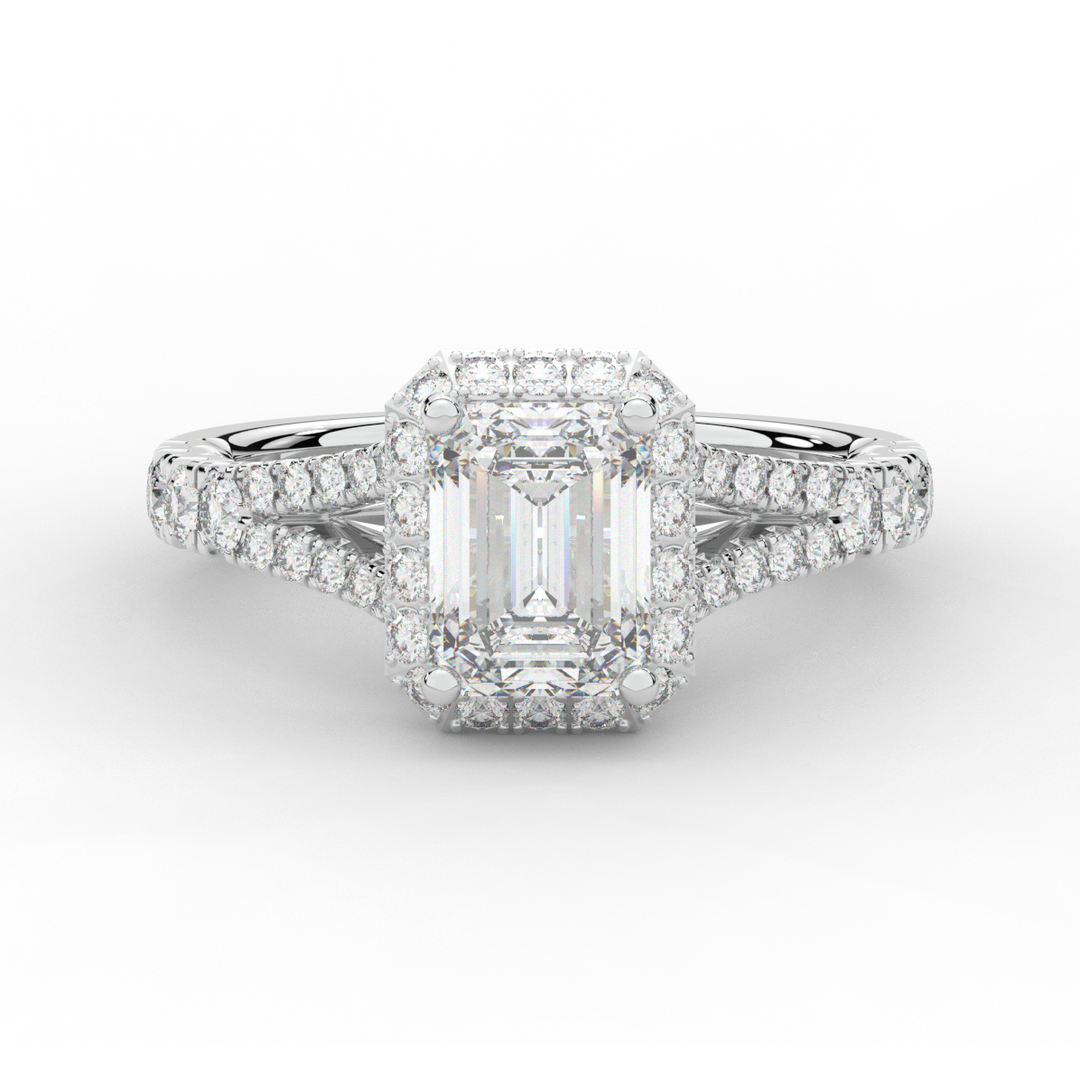 2.60CT.TW EMERALD CUT LAB DIAMOND SPLIT SHANK HALO ENGAGEMENT RING - Nazarelle