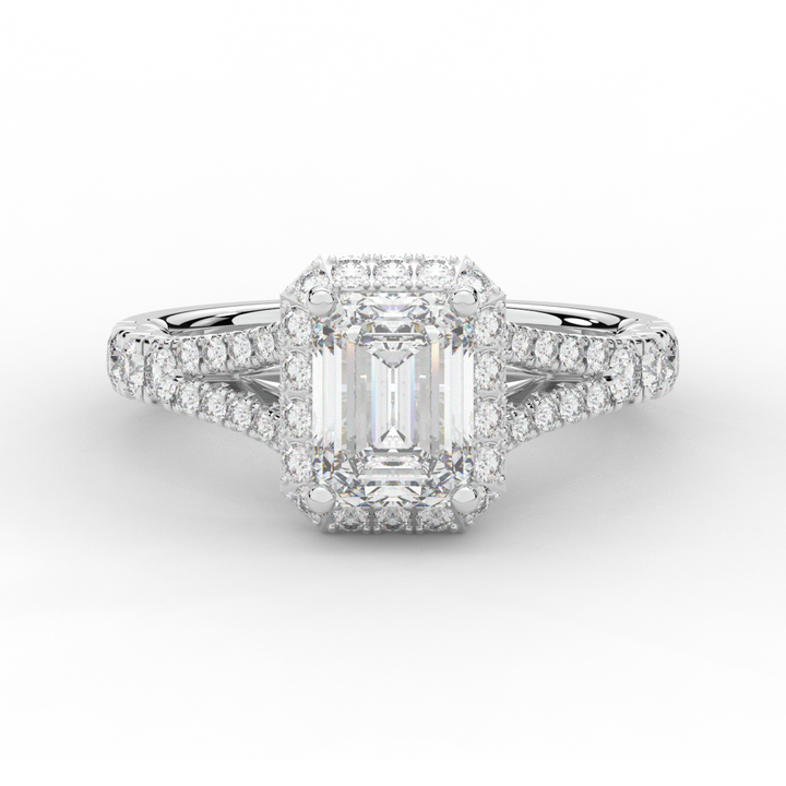 2.60CT.TW EMERALD CUT LAB DIAMOND SPLIT SHANK HALO ENGAGEMENT RING - Nazarelle
