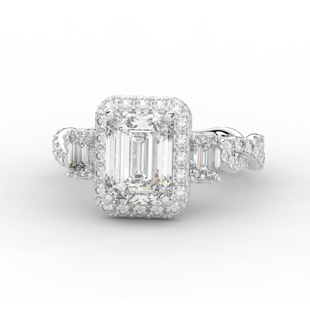 4.70CT.TW EMERALD CUT LAB DIAMOND 3 STONE ENGAGEMENT RING - Nazarelle