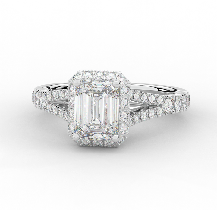2.60CT.TW EMERALD CUT LAB DIAMOND SPLIT SHANK HALO ENGAGEMENT RING - Nazarelle