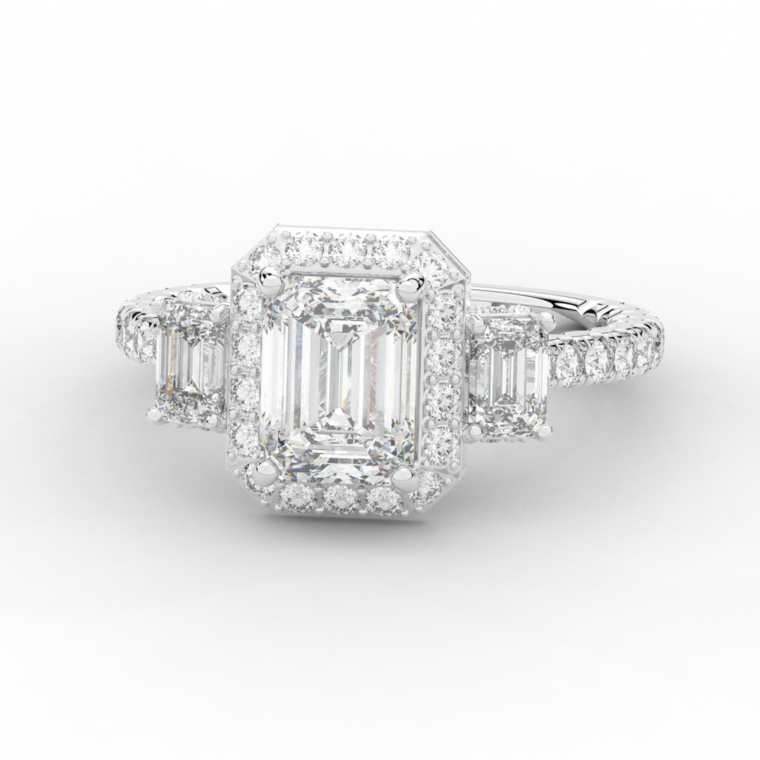 3.20CT.TW EMERALD CUT LAB DIAMOND 3 STONE ENGAGEMENT RING - Nazarelle