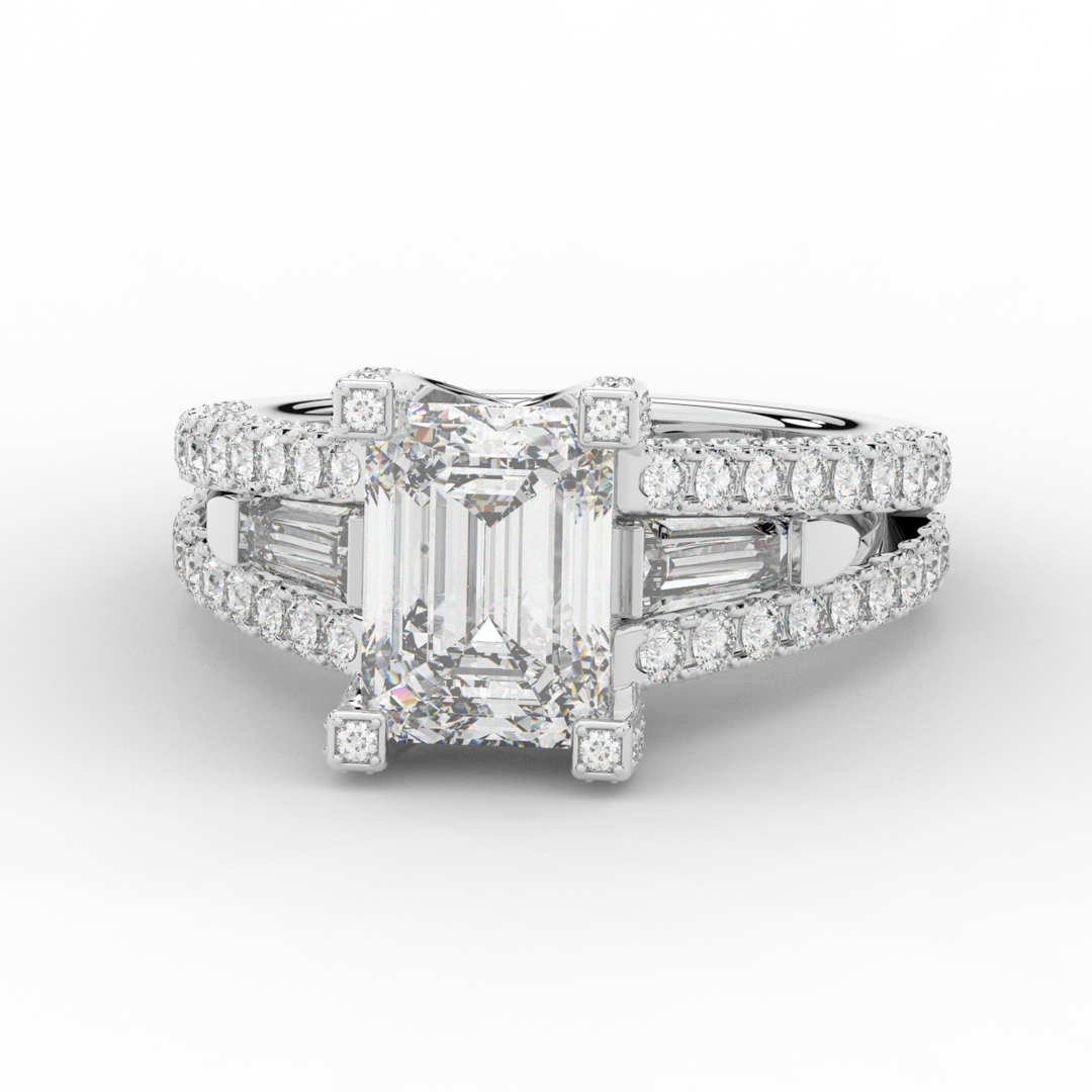 4.60CT.TW EMERALD CUT LAB DIAMOND SPLIT SHANK ENGAGEMENT RING - Nazarelle