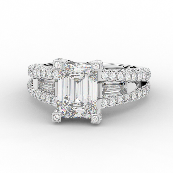 4.60CT.TW EMERALD CUT LAB DIAMOND SPLIT SHANK ENGAGEMENT RING - Nazarelle