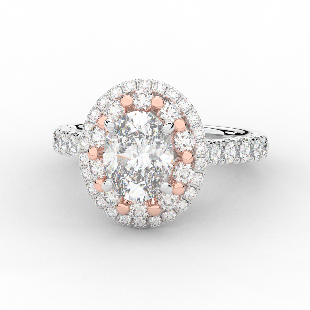 3.30CT.TW OVAL LAB DIAMOND DOUBLE HALO TWO TONE ENGAGEMENT RING - Nazarelle