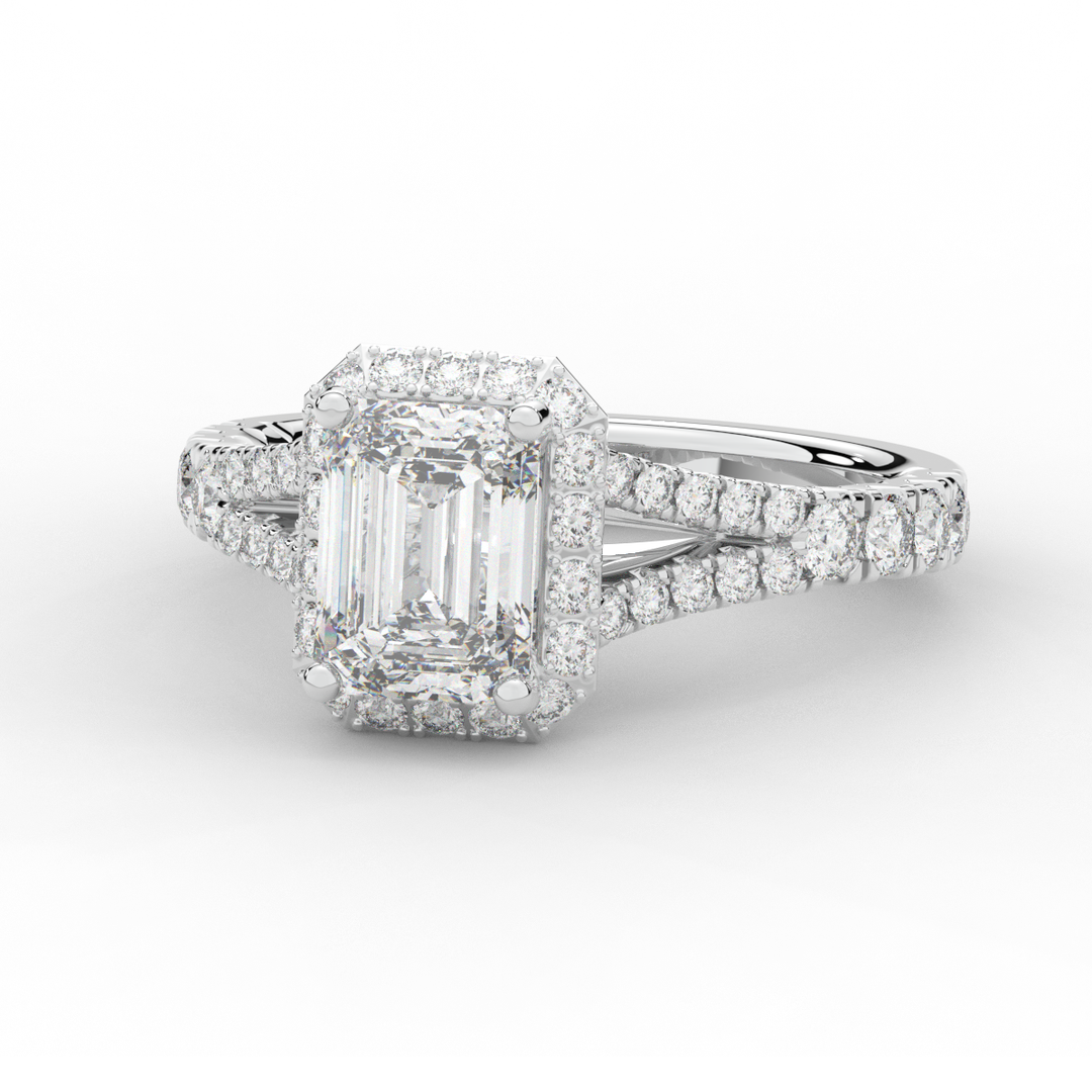 2.60CT.TW EMERALD CUT LAB DIAMOND SPLIT SHANK HALO ENGAGEMENT RING - Nazarelle