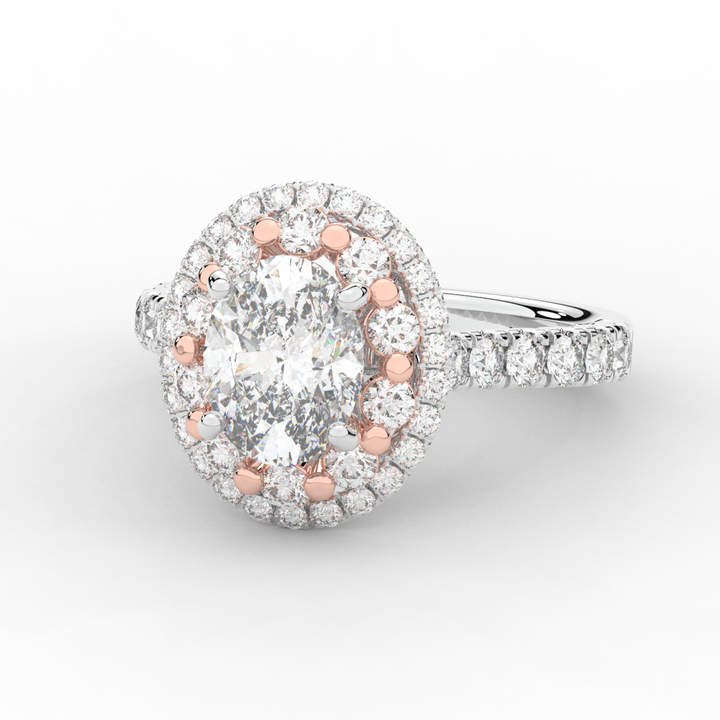 3.30CT.TW OVAL LAB DIAMOND DOUBLE HALO TWO TONE ENGAGEMENT RING - Nazarelle