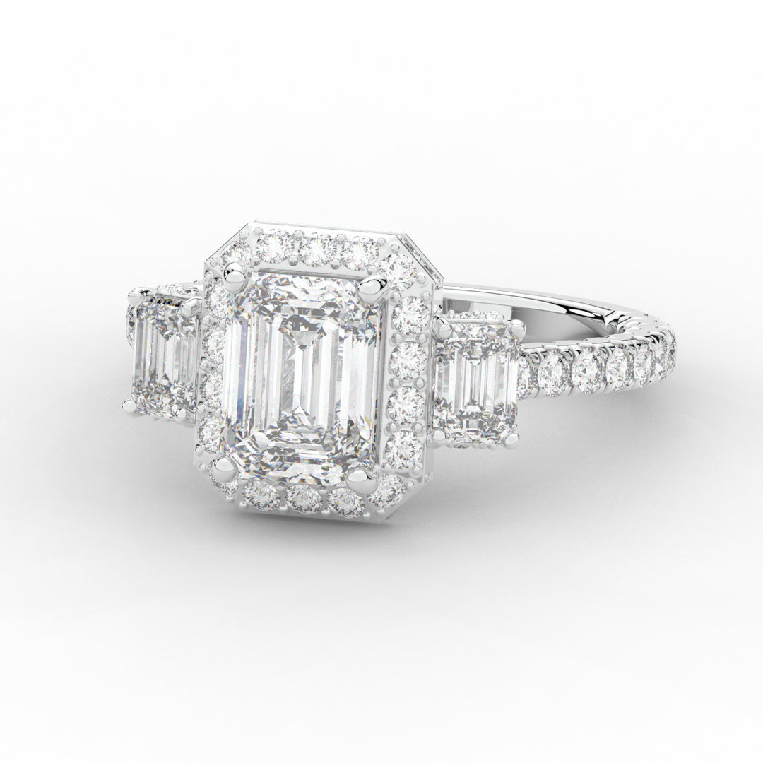 3.20CT.TW EMERALD CUT LAB DIAMOND 3 STONE ENGAGEMENT RING - Nazarelle