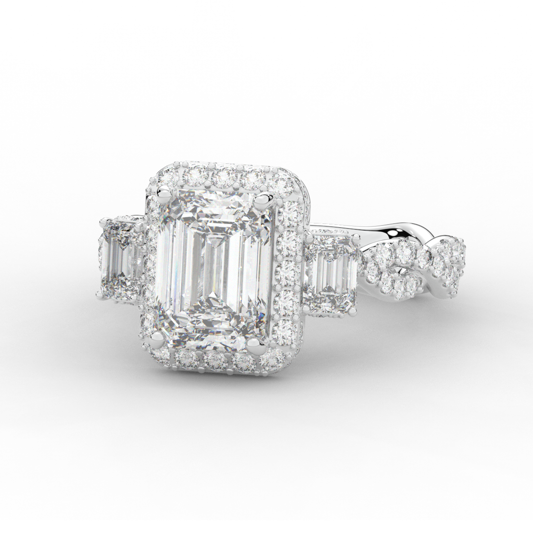 4.70CT.TW EMERALD CUT LAB DIAMOND 3 STONE ENGAGEMENT RING - Nazarelle