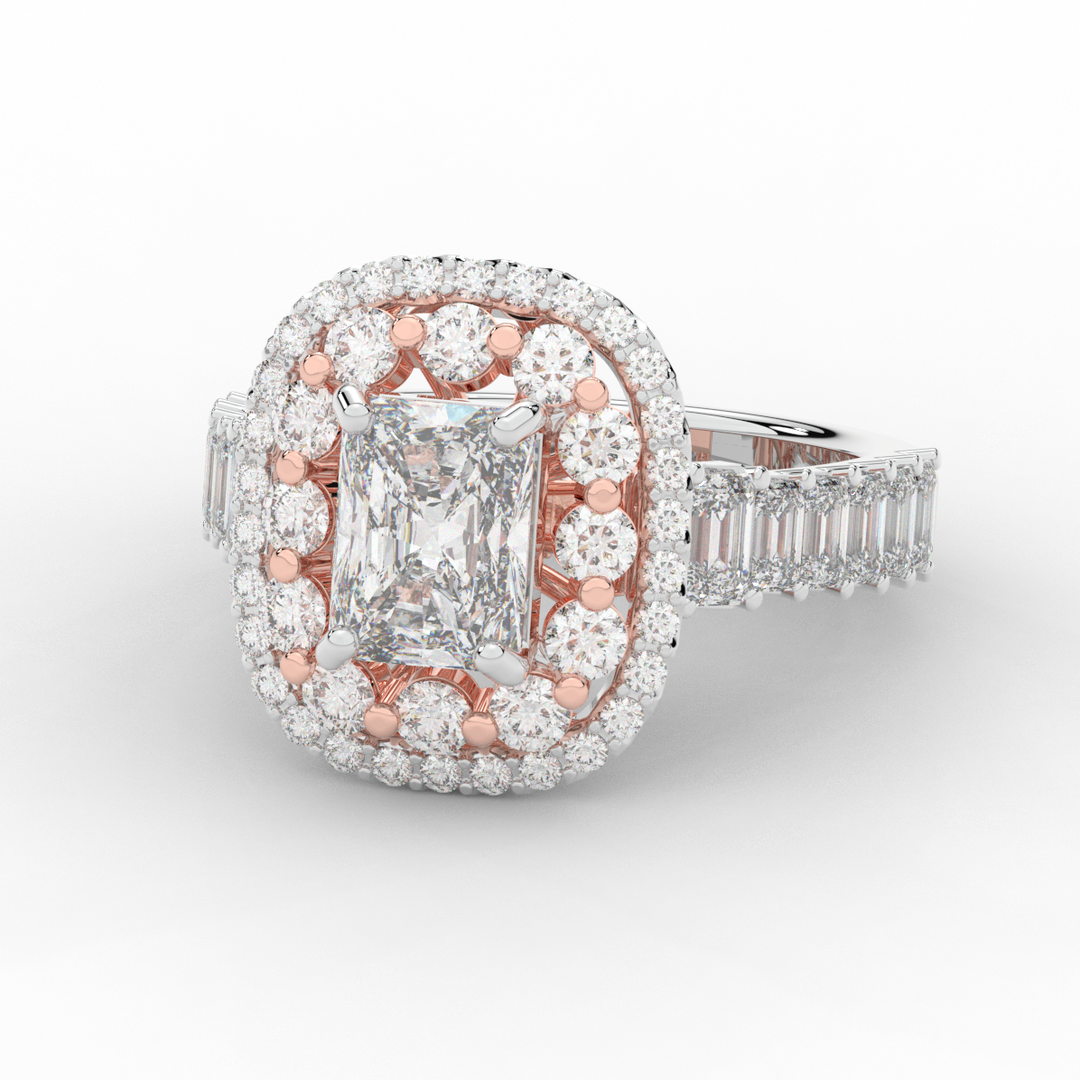4.70CT.TW RADIANT LAB DIAMOND DOUBLE HALO TWO TONE ENGAGEMENT RING - Nazarelle