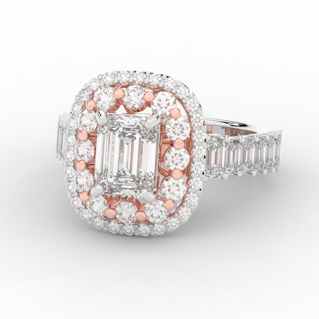 4.70CT.TW EMERALD CUT LAB DIAMOND DOUBLE HALO TWO TONE ENGAGEMENT RING - Nazarelle