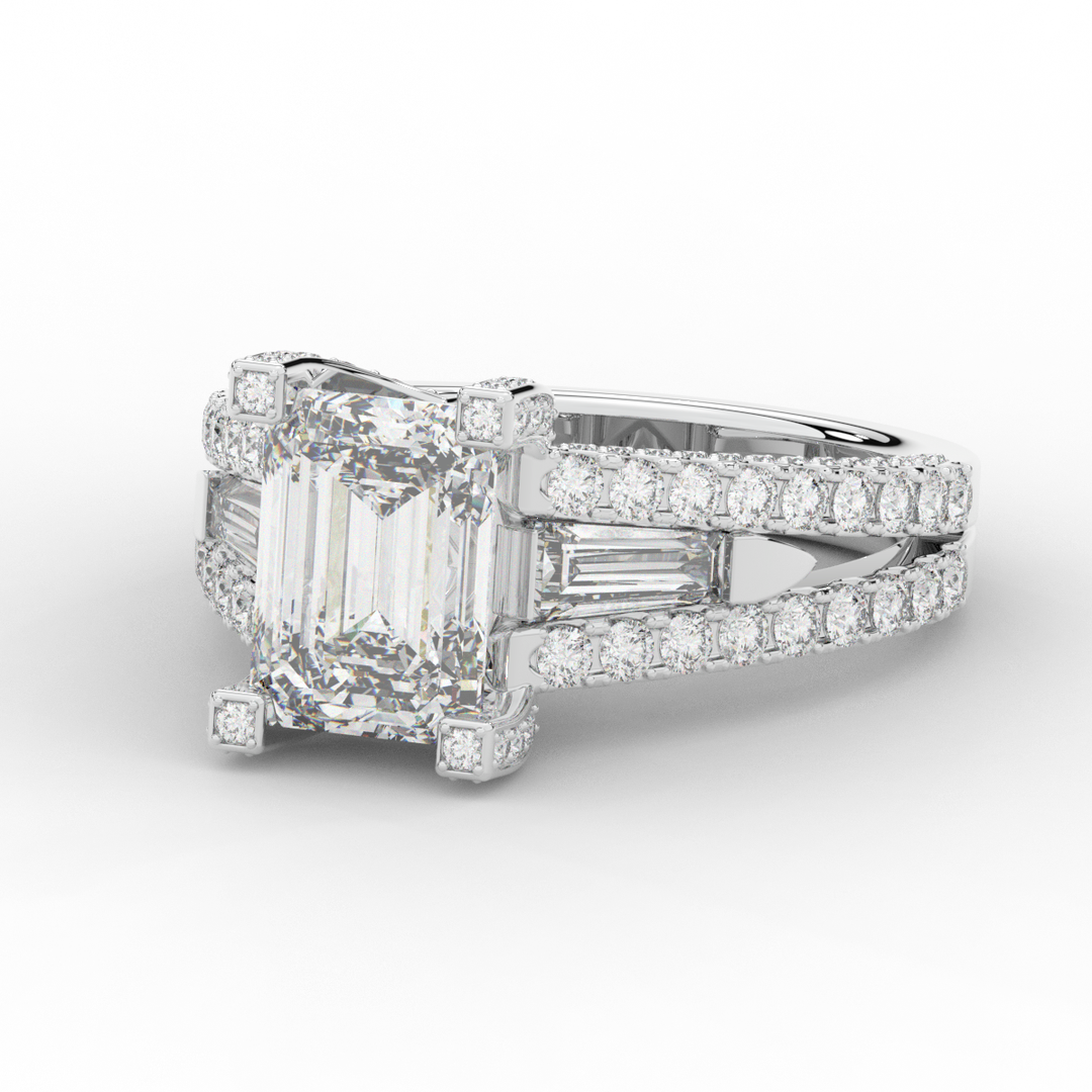 4.60CT.TW EMERALD CUT LAB DIAMOND SPLIT SHANK ENGAGEMENT RING - Nazarelle